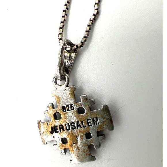 Jerusalem Silver Crusaders Five Cross Pendant Necklace 925 Box Chain 18" Vintage - Picture 2 of 6
